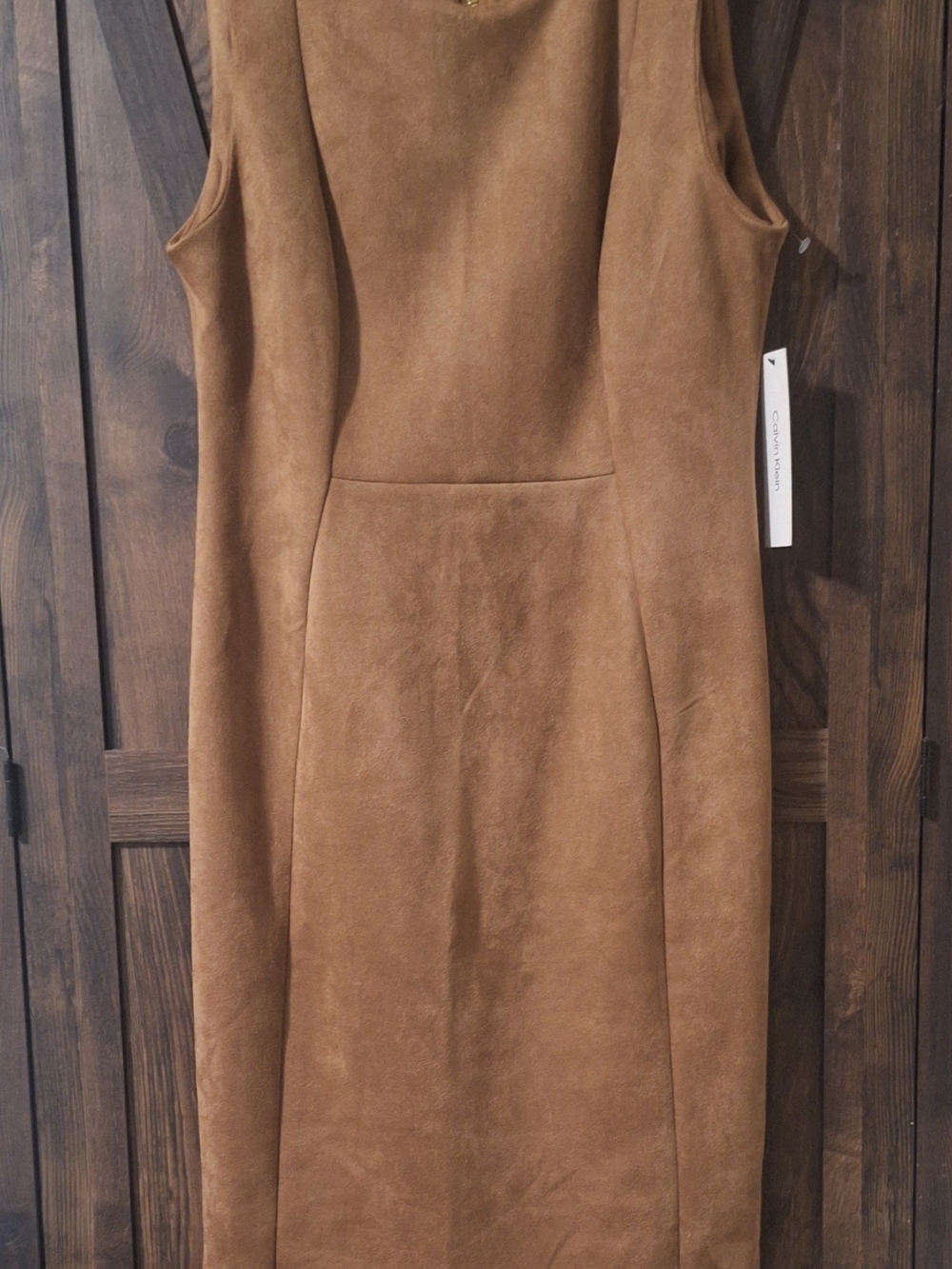 Calvin Klein Sleeveless Faux Suede Sheath Dress in Tan Brown